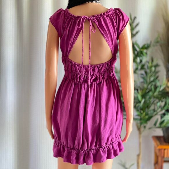 Fuchsia Linen Blend Smocked Mini Dress Ruffle Hem Open Back Milkmaid Peasant S - Picture 4 of 9